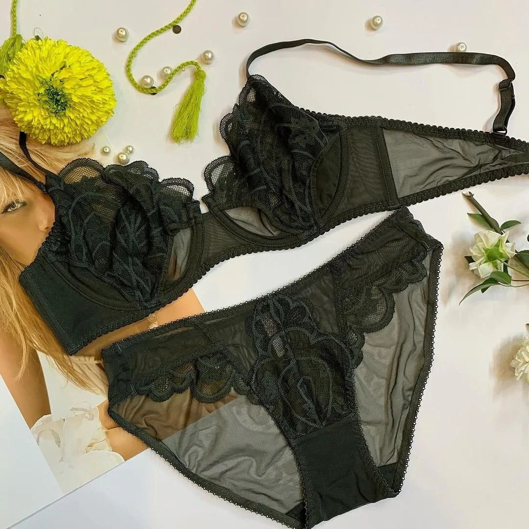 LinMart Ultra Thin Lace Bra for Women, Bra Panty set , Full Net Bra and panty