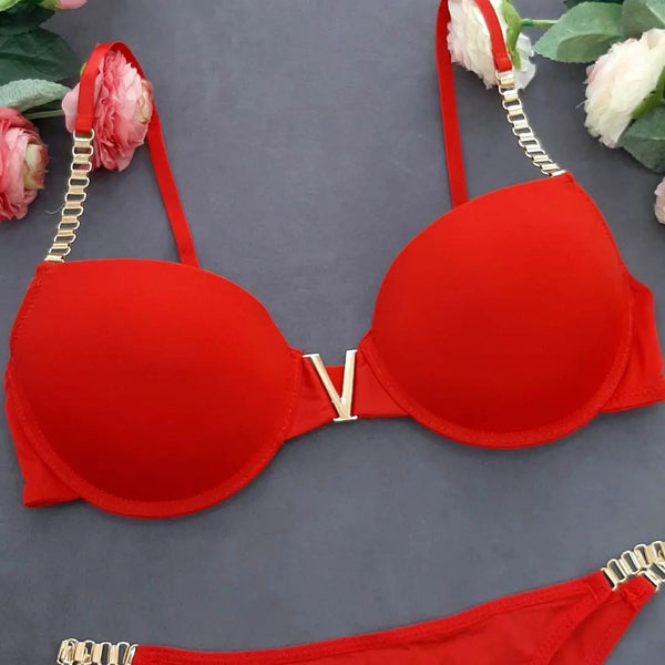 LinMart High Quality New Style Chain Straps Front Metal V buckel Bra & Panty Set 195