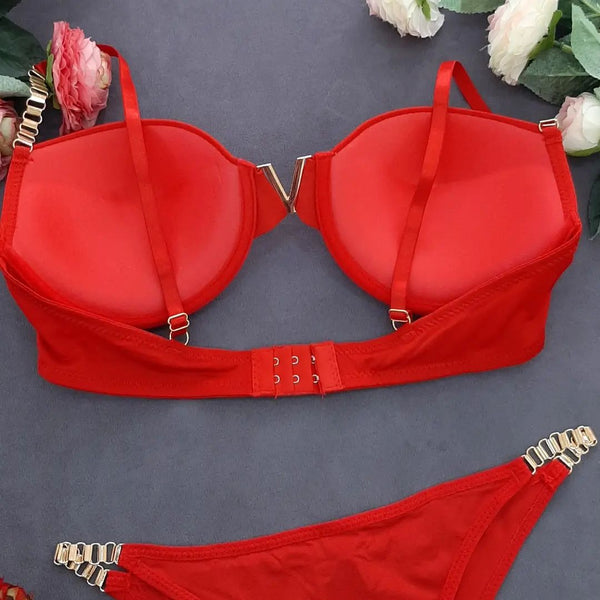 LinMart High Quality New Style Chain Straps Front Metal V buckel Bra & Panty Set 195
