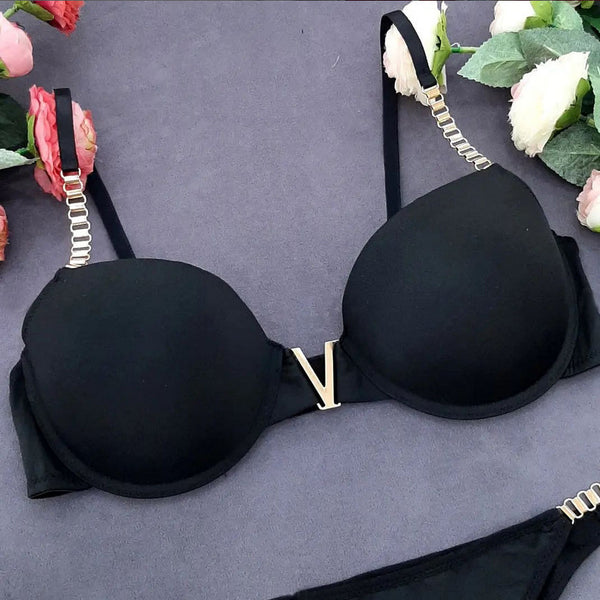 LinMart High Quality New Style Chain Straps Front Metal V buckel Bra & Panty Set 195