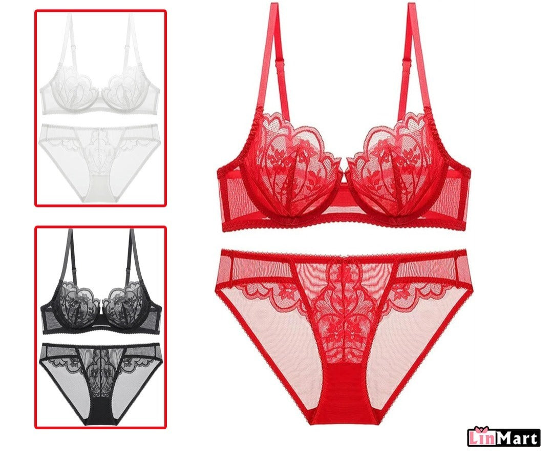 LinMart Ultra Thin Lace Bra for Women, Bra Panty set , Full Net Bra and panty