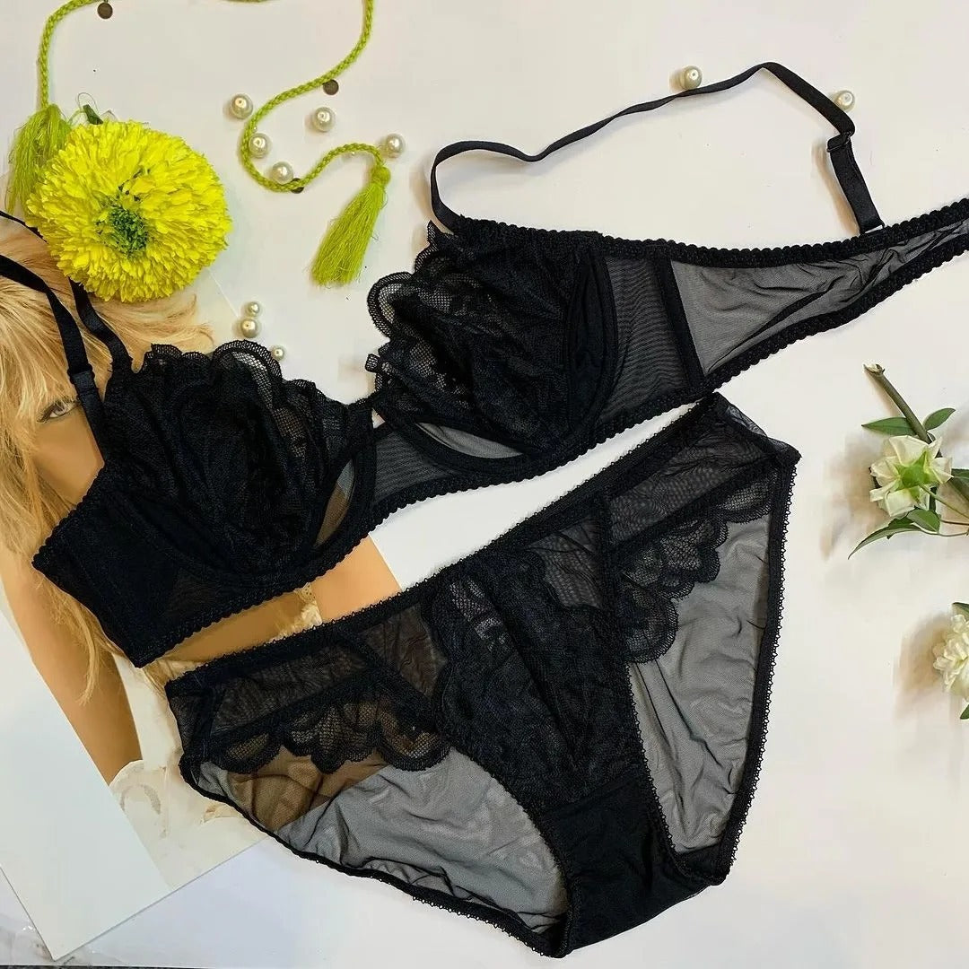 LinMart Ultra Thin Lace Bra for Women, Bra Panty set , Full Net Bra and panty