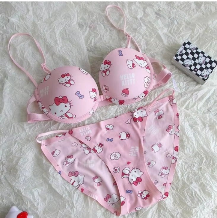 LinMart High Quality Front Open 4 In 1 Push-up Hello Kitty Print Adjustable Straps Bra Panty Set 016