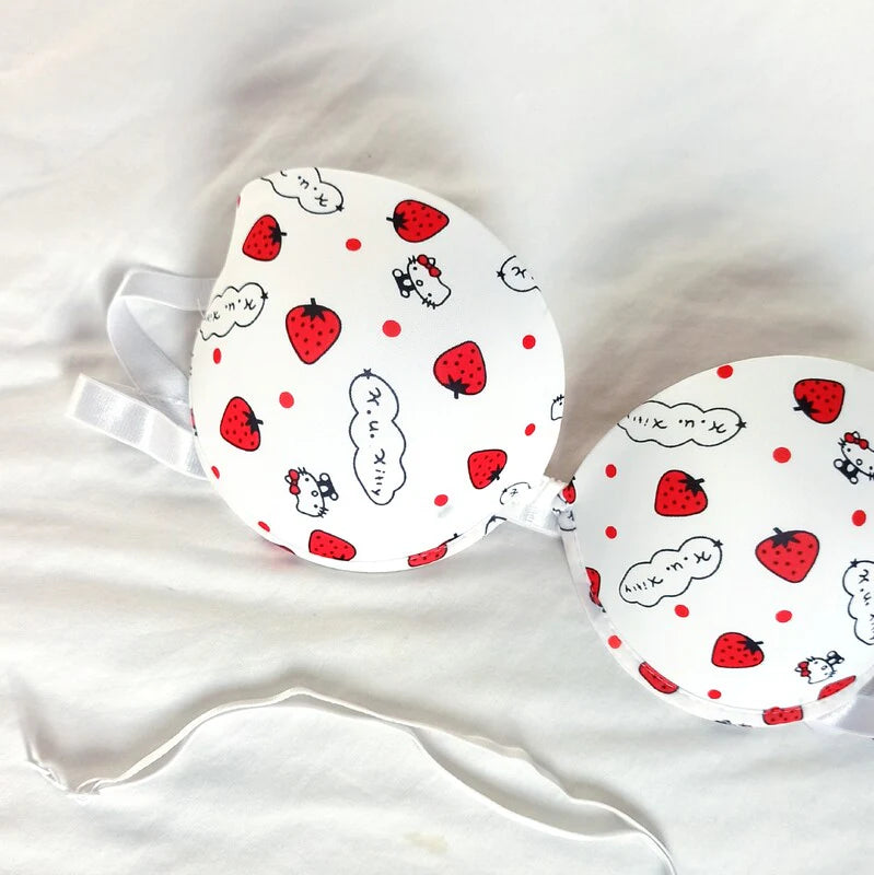 LinMart High Quality Front Open 4 In 1 Push-up Hello Kitty Print Adjustable Straps Bra Panty Set 016