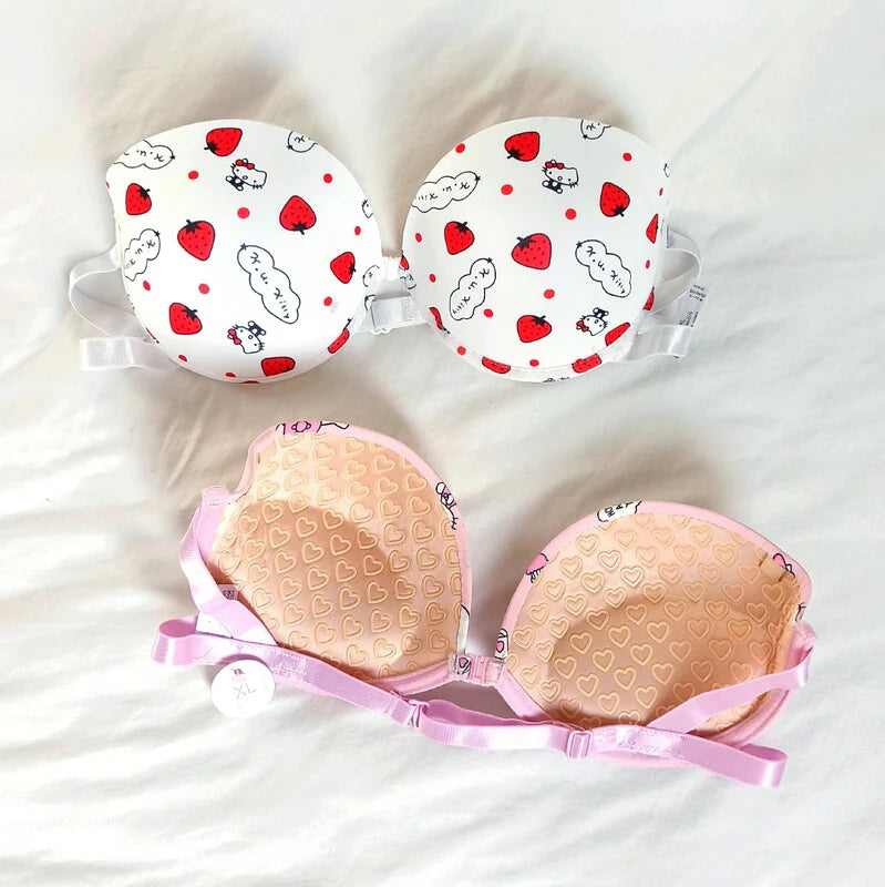 LinMart High Quality Front Open 4 In 1 Push-up Hello Kitty Print Adjustable Straps Bra Panty Set 016