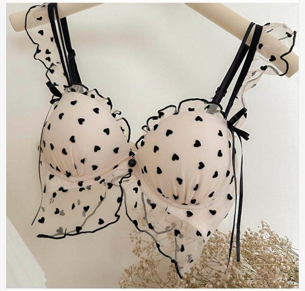 LinMart.pk New High-Quality Black Heart Embroidered Push-Up Bra with Cute Lace Panty Set 2007