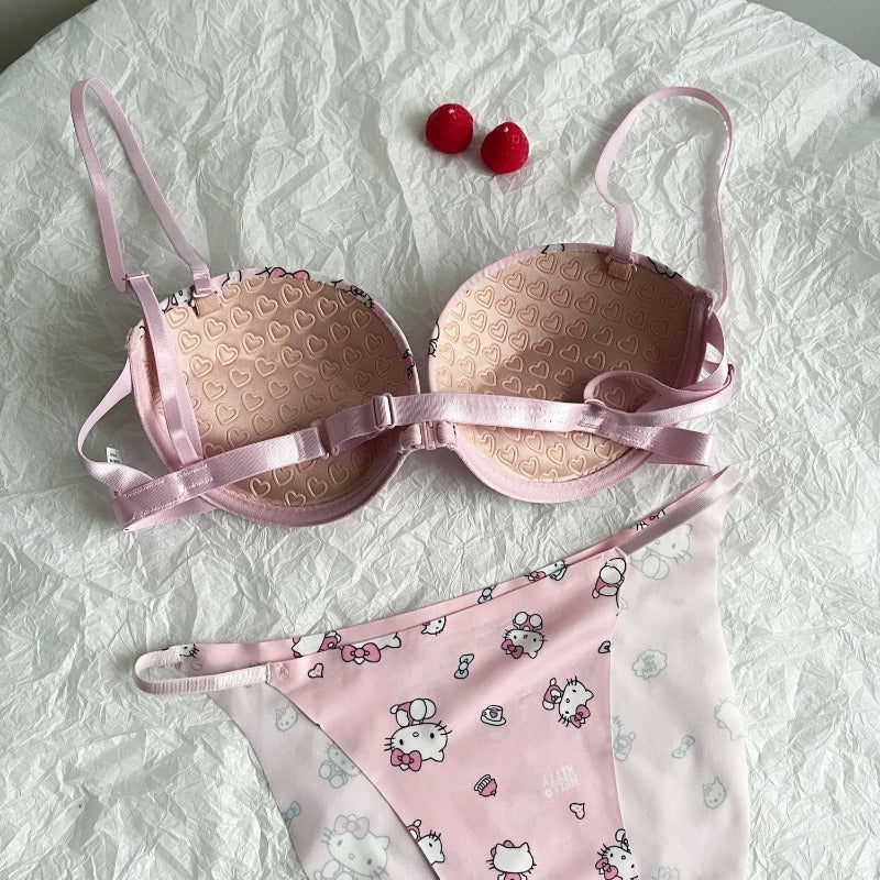 LinMart High Quality Front Open 4 In 1 Push-up Hello Kitty Print Adjustable Straps Bra Panty Set 016