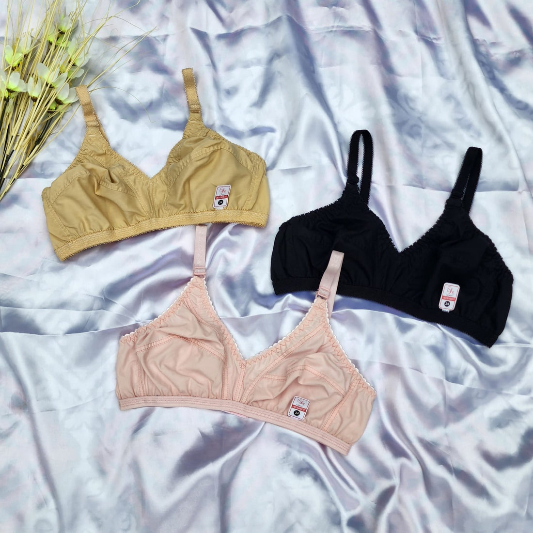 LinMart.pk Pack Of 3 Soft Classic Cotton High Quality Non Padded Bras