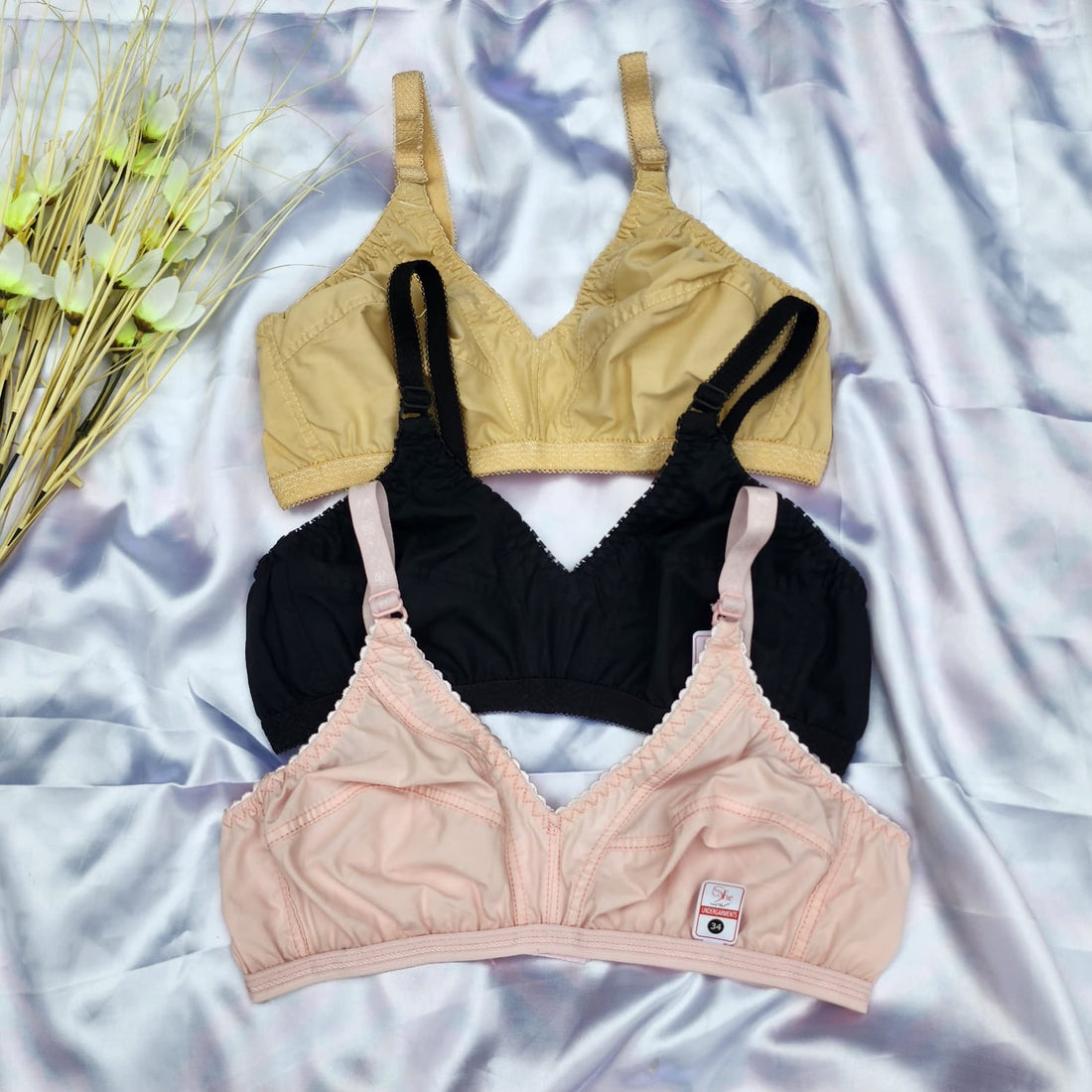 LinMart.pk Pack Of 3 Soft Classic Cotton High Quality Non Padded Bras