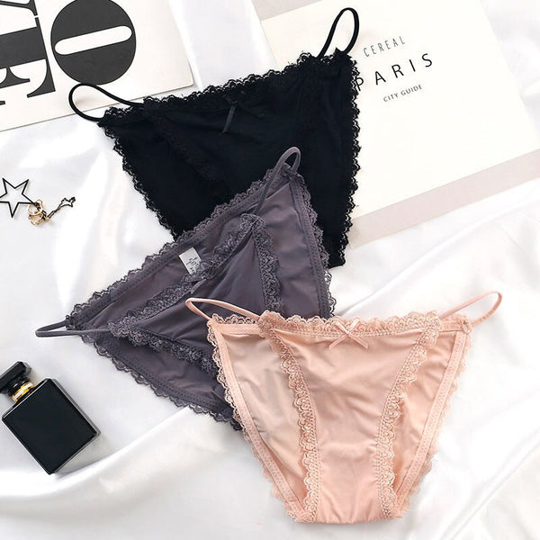 LinMart New Pack Of 2 Sexy High Quality G-string Cotton Ice Silk Thin Belt Low-waisted Lace Panties 1884