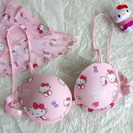 LinMart High Quality Front Open 4 In 1 Push-up Hello Kitty Print Adjustable Straps Bra Panty Set 016