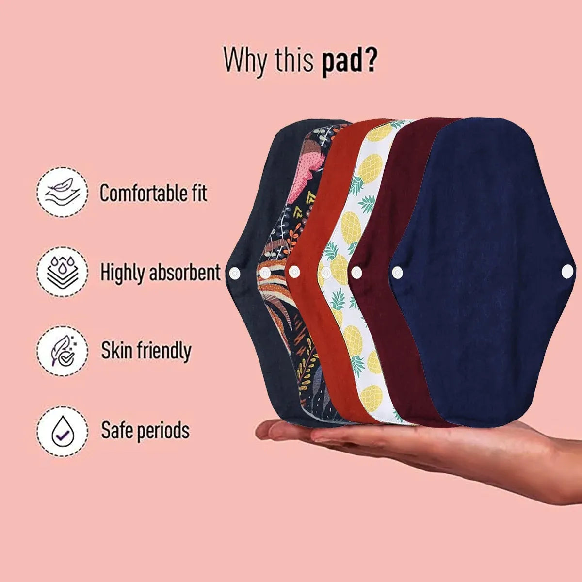 LinMart pack of 3 Washable Sanitary Pad, Reduce Gynecological Disease Reusable Sanitary Pads Snap Button Good Water Absorption for Female for Menstrual Period(M26) , pads for girls