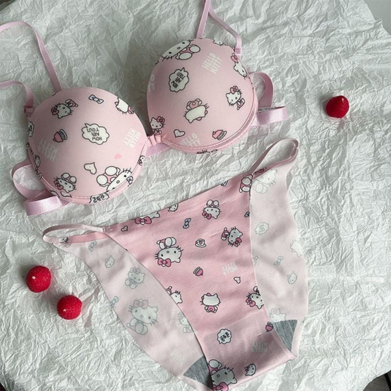 LinMart High Quality Front Open 4 In 1 Push-up Hello Kitty Print Adjustable Straps Bra Panty Set 016