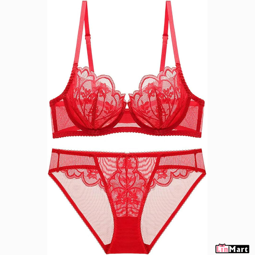 LinMart Ultra Thin Lace Bra for Women, Bra Panty set , Full Net Bra and panty