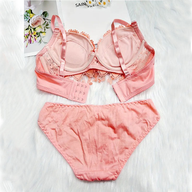 Linmart Cute Lace Embroidery Heart Lace Attached Adjustable Straps Bridal Bra and Panty Set