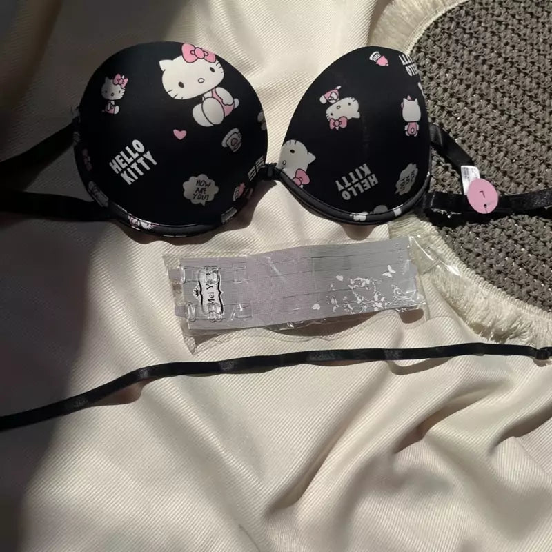 LinMart High Quality Front Open 4 In 1 Push-up Hello Kitty Print Adjustable Straps Bra Panty Set 016