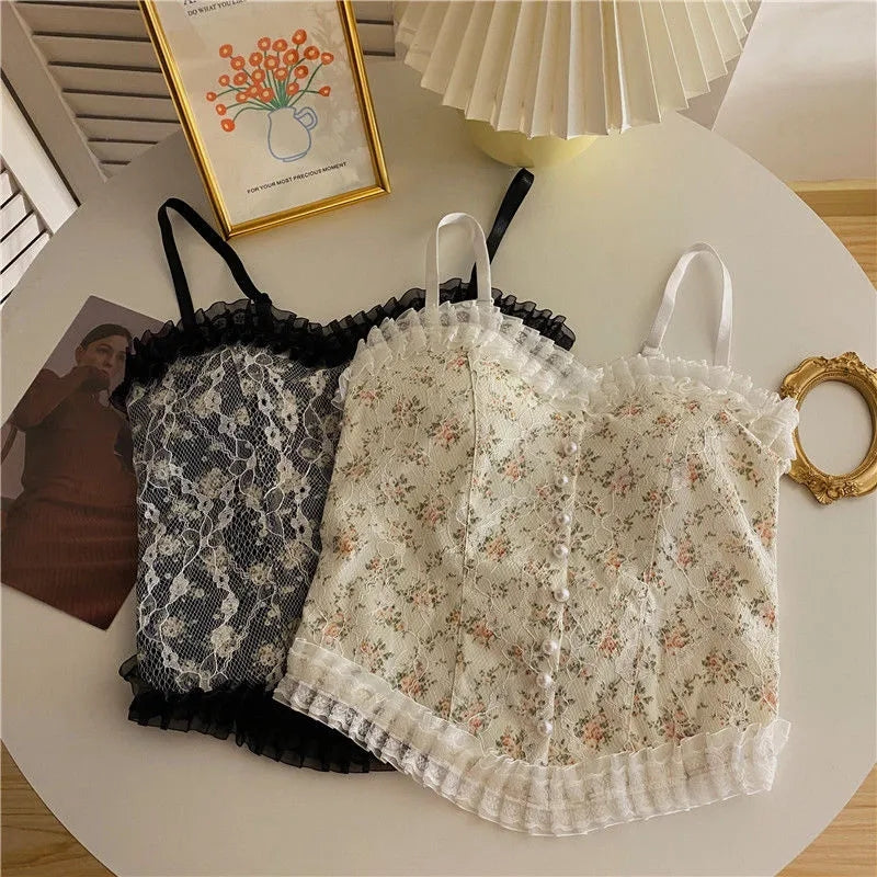 Cute Lace Flower Embroided Adjustable Straps Frill Outline Lace Crop Top