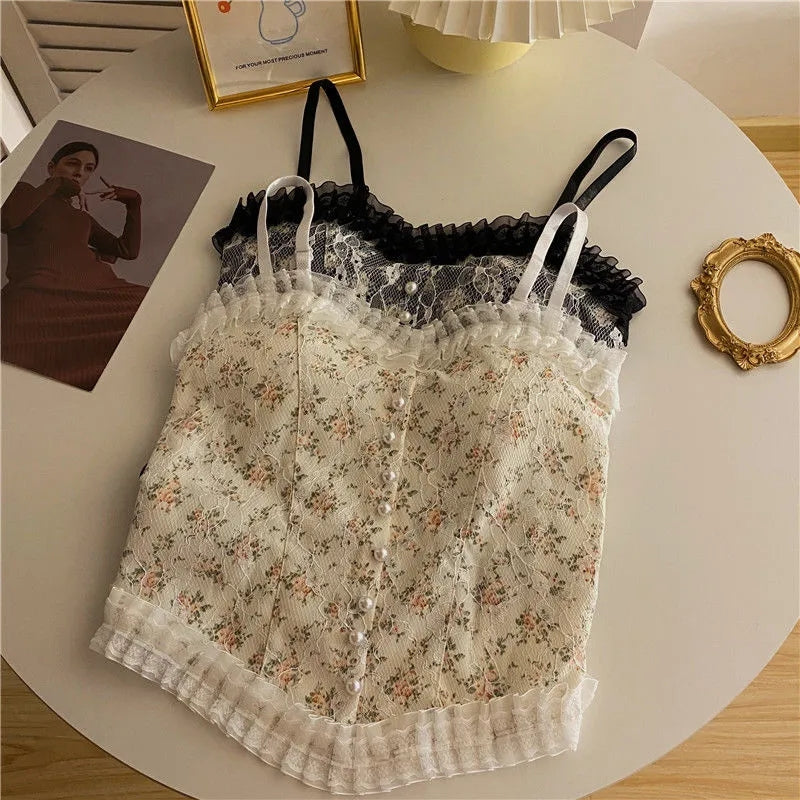Cute Lace Flower Embroided Adjustable Straps Frill Outline Lace Crop Top