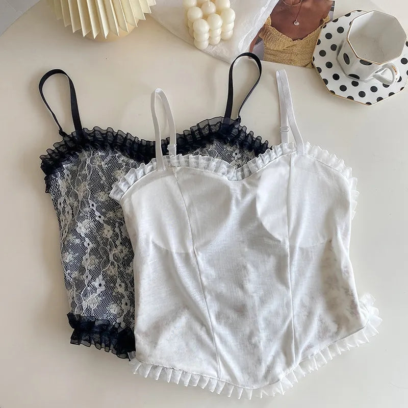 Cute Lace Flower Embroided Adjustable Straps Frill Outline Lace Crop Top