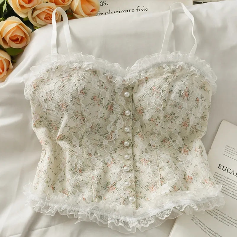 Cute Lace Flower Embroided Adjustable Straps Frill Outline Lace Crop Top