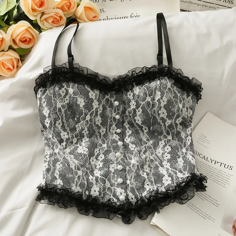 Cute Lace Flower Embroided Adjustable Straps Frill Outline Lace Crop Top
