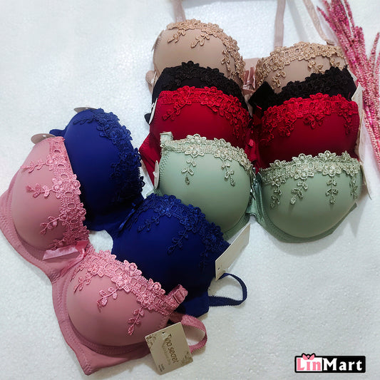 Linmart Pack of 2  Women Elegant Bra Without Wire Solid Push Up Padded Lace Sheer Soft Bra - Pushup Bra