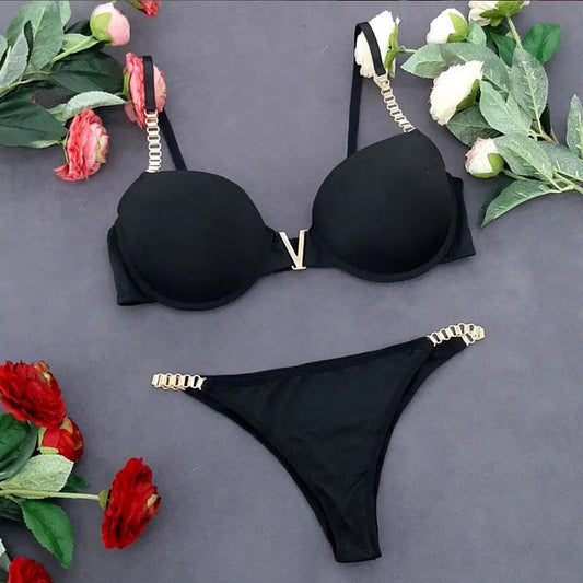 LinMart High Quality New Style Chain Straps Front Metal V buckel Bra & Panty Set 195