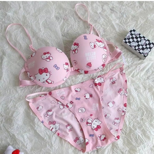 LinMart  High Quality Front Open 4 In 1 Push-up Hello Kitty Print Adjustable Straps Bra Panty Set 016