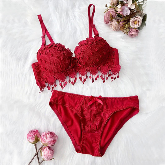 Linmart Cute Lace Embroidery Heart Lace Attached Adjustable Straps Bridal Bra and Panty Set