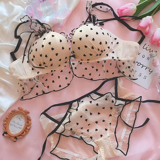 LinMart.pk New High-Quality Black Heart Embroidered Push-Up Bra with Cute Lace Panty Set 2007